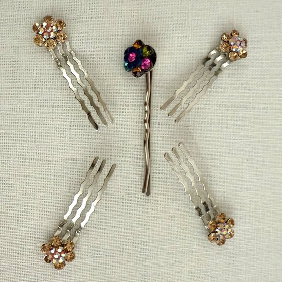 Rhinestone Flower Hair Jewelry Pins Set of 5 Multicolor Gold Floral Accessories - Picture 1 of 8